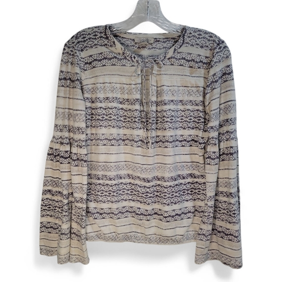 Lucky Brand Navy & Cream Bell Sleeve Elastic Waist Top M‎ Keyhole Neckline Boho - Picture 1 of 5